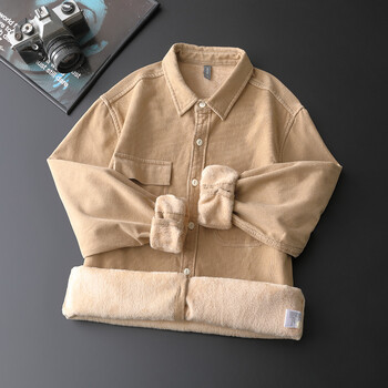 加绒加厚保暖衬衫秋冬新款休闲灯芯绒长袖翻领潮牌男装衣服时卡其m