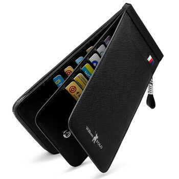 英皇保罗卡包男士钱包男长款真皮多卡位卡套拉链银行卡夹钱夹 黑色