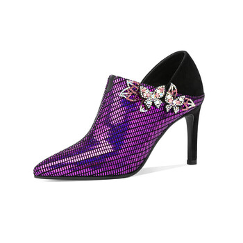 细跟高跟鞋金属水钻亮片花朵深口单鞋女2019春季新款真皮女鞋 紫色 34