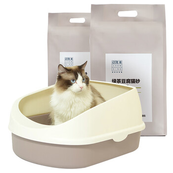 宠幸chowsing 猫砂猫砂盆套装 绿茶豆腐猫砂6l*2包 半封闭灰咖色猫砂