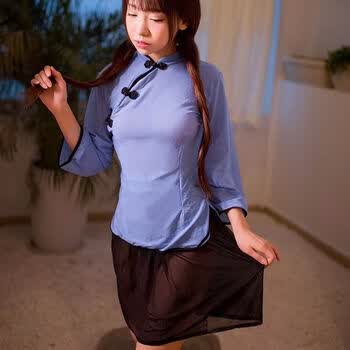 情趣诱惑制服内衣薄纱透明民国风女肚兜短裙长款复古旗袍学生套装 蓝