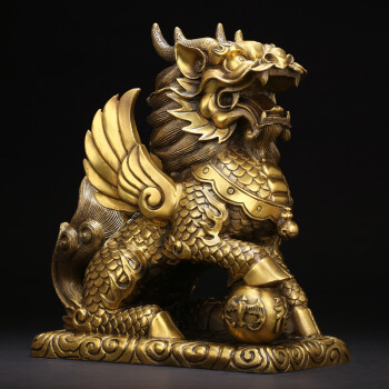 吉善缘 黄铜麒麟摆件 客厅玄关风水铜麒麟一对工艺礼品公司店铺开业