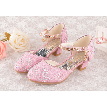 冰雪奇缘高跟公主鞋儿童鞋女童包头蓝色水晶鞋anna安娜cos单鞋子 粉色