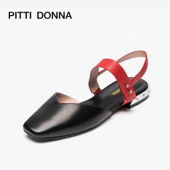 PITTI DONNA 欧美方头浅口低跟粗跟拼色时尚凉鞋女鞋PD AM17804 黑色+红色 BKL 38
