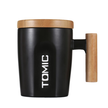 特美刻（TOMIC）马克杯 带盖咖啡杯子情侣陶瓷杯创意木柄牛奶杯水杯随手茶杯 TCL1329 黑色400ML