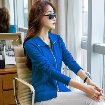 岑薇成熟气质女装有领上衣女修身翻领长袖纯色拉链t恤秋季新款休闲带