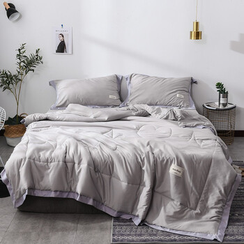 冰丝夏凉被四件套空调被夏被被芯双人单人床单夏天薄被子 恋曲-灰色