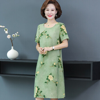 夏天妇女中老年直身连衣裙直桶群孑棉绸妈妈款夏装洋气质棉麻中年女大