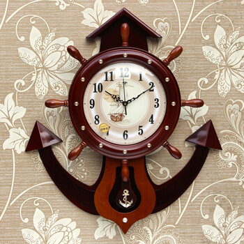 约地中海舵手挂钟客厅海洋艺术钟表个性创意船舵挂钟时尚石英钟 棕木