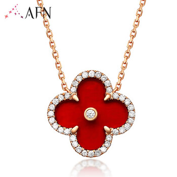 afn 18k金钻石项链女四叶草吊坠 18k金钻石红玛瑙款
