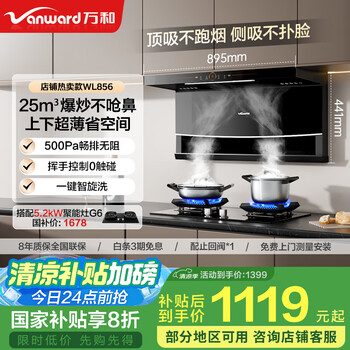 万和（Vanward）【顶侧双吸WL856】抽油烟机家用25m³大吸力上下超薄挥手控制自动清洗可配燃气灶国家补贴20% 【烟灶套】5.0kw大火+70%高热效灶C6L90 顶侧双吸WL856