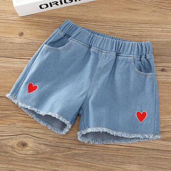 新款潮儿童洋气白色牛仔裤外穿女孩百搭裤子夏装bb 刺绣心形浅蓝色