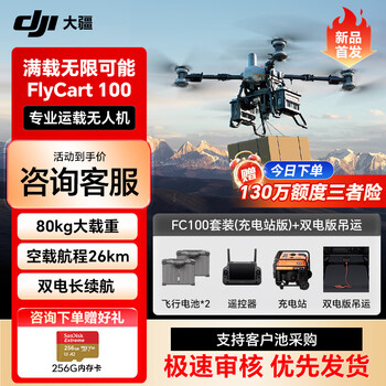 大疆DJI 大型载重无人机 FlyCart100标准套装 80公斤【含FC100+电池*2+降落伞+遥控器+吊运系统+充电站】
