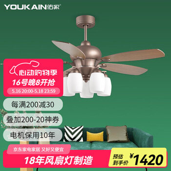 佑家（YOUKAIN）豪华欧式客厅吊扇灯别墅摩卡咖美式风扇灯52-YJ211