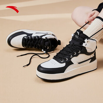 安踏高帮板鞋女鞋秋季厚底增高休闲鞋子黑白潮熊猫运动鞋