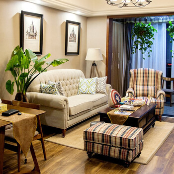 美式乡村风格棉麻布艺拉扣沙发小户型客厅单双三人地中海沙发组合 1 3