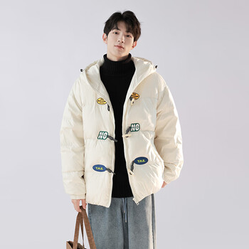 牛角扣连帽羽绒服男冬季防寒保暖美式潮牌青少年轻薄外套米白色m95斤