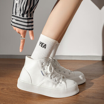 奶fufu高帮帆布鞋子女生秋冬款白色百搭厚底增高休闲小鞋 白色 高帮