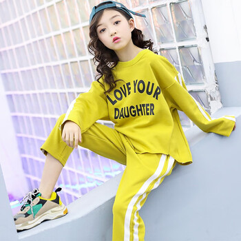 新款时尚侧条长袖t恤长裤运动两件套装校服品牌3-15岁小女孩学生衣服