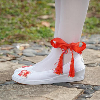古风改良汉服鞋子女百搭配古装学生白色帆布平底刺绣花绑系带cos英伦