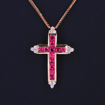 693ct红宝石吊坠女18k金镶嵌钻石十字架项链挂坠时尚彩金宝石首饰