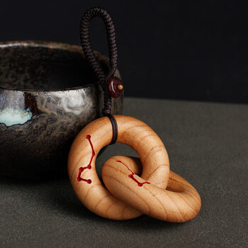 蓝铂丽  桃木乾坤圈阴阳圈随身吊坠项链朱砂挂件雷击道家枣木一体手工