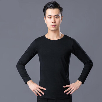 形体服男拉丁舞服装成人练功服秋冬黑色紧身圆领长袖舞蹈上衣t恤 黑色