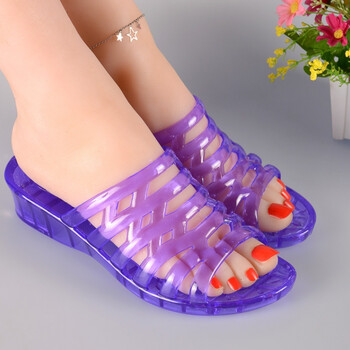 果冻色透明水晶塑料高跟女拖鞋女士夏季坡跟厚底室外中跟半拖鞋 紫色