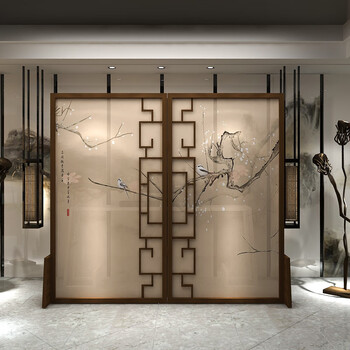 新款中式实镂空屏风隔断酒店餐厅背景墙座屏客厅半透布屏风 宽200*高