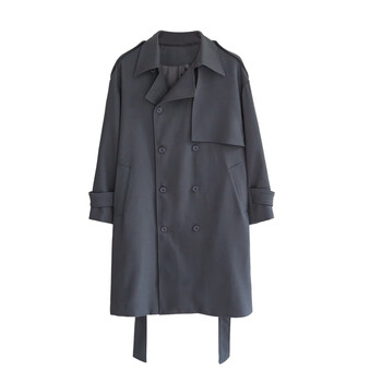 南乙风衣外套男中长款2022秋装新款设计感男装风衣潮文职大衣 灰蓝色