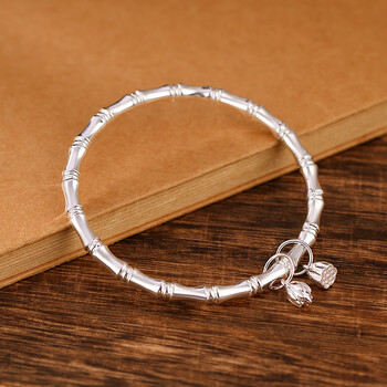 【生日礼物】银手镯 s999足银复古光面竹节两世欢手镯国潮莲蓬莲花