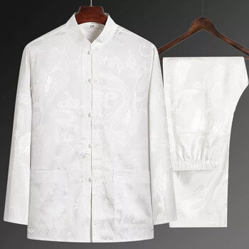 芭库森桑蚕丝唐装男士中老年长袖真丝绸中国风爸爸老年人夏装爷爷装