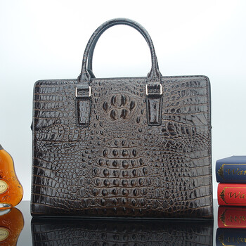 sohmbv鳄鱼皮男包横款商务单肩斜挎包皮包手提包男士公文包咖啡色