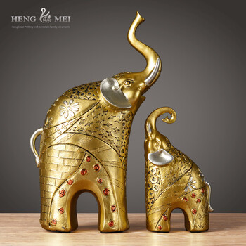 家居树脂简约现代装饰品房间玄关客厅电视柜酒柜小摆件 金色子母象