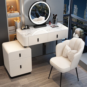 裕隆欣岩板实木梳妆台卧室现代简约化妆台轻奢感收纳一体柜化妆桌 白