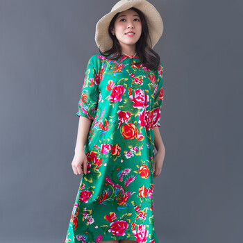 东北大花裙子夏民族风连衣裙女宽松遮肉红色中国风小众 长裙 绿色 l码