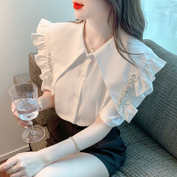 边水钻娃娃领衬衫短款仙女夏韩版宽松镶钻泡泡袖短袖上衣白色s8099斤