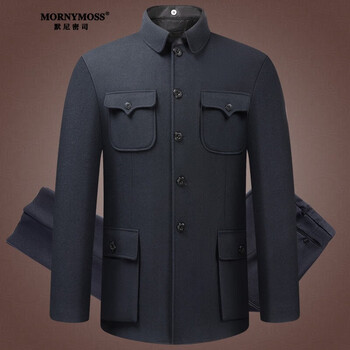 默尼密司mornymoss品牌男装羊毛中山装男 中老年秋冬新款中国风青黑色