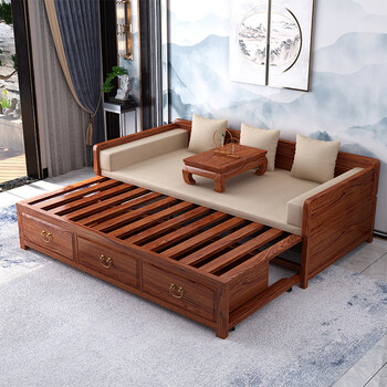 式 新中式罗汉床实木禅意南榆木床榻沙发带炕桌抽屉式伸缩推拉罗汉床