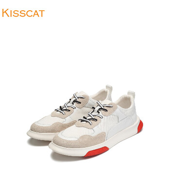 接吻猫kisscat /2018秋新款牛皮圆头低跟运动休闲男鞋 白色 255