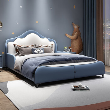 艾乐酷儿童床男孩王子床头层真牛皮全实木框架男童齐边床单人床现代