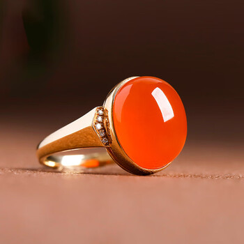 易翠阁18k黄金镶嵌南红戒指原矿保山冰红金镶玉大蛋面戒指起荧光老坑