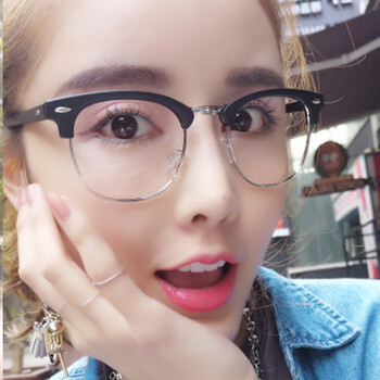 框女款潮韩版文艺近视眼镜架配成品眼镜男半框金属平光镜 亮黑架银框