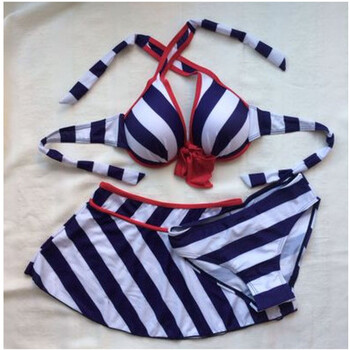 大码比基尼大胸泳衣大罩杯裙式钢托聚拢e罩杯女海军条纹泳装 1蓝白条
