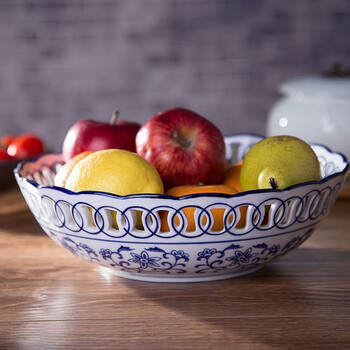 爵仕臻品青花陶瓷果盘欧式家居装饰茶几陶瓷缕空果盘果篓装饰器皿摆件