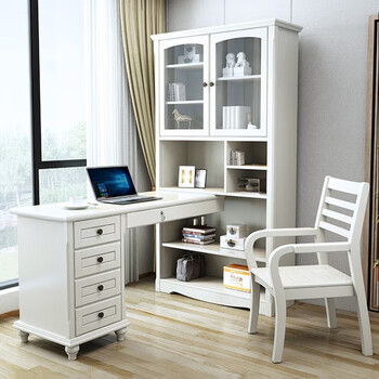 青木川 实木书桌书柜带书架一体组转角书桌卧室房间拐角落带玻璃门多