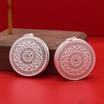 老        鳳祥款式足银项链999太阳鼓平安鼓吊坠男女足银拉丝铜鼓