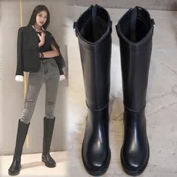 骑马鞋女式靴子中筒长靴秋靴子女骑马女过膝大童鞋靴平底时尚 黑色