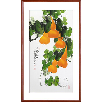 装饰画黄艺纯手绘竖幅中堂国画写意葫芦画真迹五福临门客厅玄关挂画带