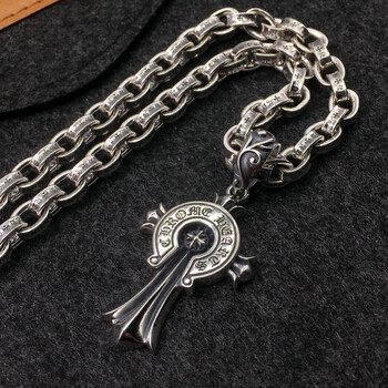 克罗心项链 十字架霸气粗项链 925纯银复古个性泰银毛衣链克罗心欧美